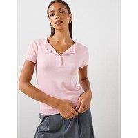 Mango Women'S Ribbed Short Sleeve Henley Top - Pink