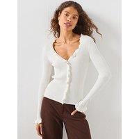 Mango Ribbed Ruffle Cardigan - Cream