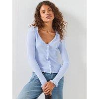 Mango Ribbed Ruffle Cardigan - Blue