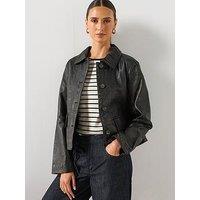 Mango Cropped Faux Leather Button-Through Jacket - Brown
