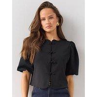 The Very Collection Mandarin Button Puff Sleeve Top - Black