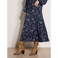 Apricot Painterly Floral Midi Skirt - Navy
