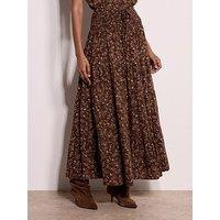 Apricot Paisley Vine Print Tiered Maxi Skirt - Brown