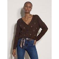Apricot Embroidered Pointelle Knit Cardigan - Brown