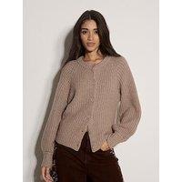 Apricot Ribbed Crew Neck Button Front Cardigan - Brown