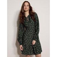 Apricot Daisy Floral Tie-Neck Long Sleeve Mini Dress - Green
