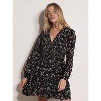 Apricot Daisy Print Wrap Style Tiered Mini Dress - Black