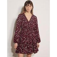 Apricot Daisy Print Wrap Front Tiered Mini Dress - Red