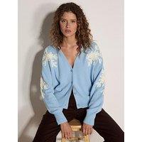 Apricot Embroidered Flower Fine Knit Cardigan - Blue