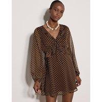 Apricot Polka Dot Ruffle Detail Chiffon Mini Dress - Brown