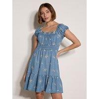 Apricot Floral Embroidered Milkmaid Mini Dress - Blue