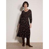 Apricot Watercolour Ditsy Floral Smock Neck Midi Dress - Black