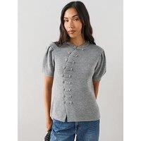 The Very Collection Puff Sleeve Frog Fastening Knit Jumper - Grey