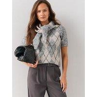 The Very Collection Short Sleeve Argyle Scarf Jumper With Wool - Grey