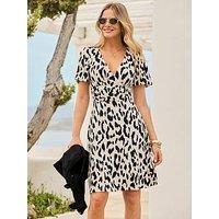 Sosandar Ivory & Black Animal Print Ruched Waist Fit & Flare Dress - Cream