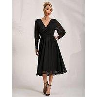 Jolie Moi Mesh Long Puff Sleeve Wrap Midi Dress - Black