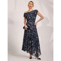 Jolie Moi Mesh Asymmetrical Draped Maxi Dress - Black