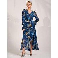 Jolie Moi Long Sleeve Frill Hem Mesh Maxi Dress - Navy