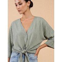Little Mistress Green Stripe Tie-Knot Top With V-Neck