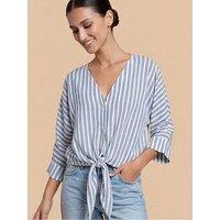Little Mistress Blue Stripe Tie-Knot Top With V-Neck