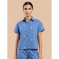 Little Mistress Blue Embroidered Cotton Linen Shirt