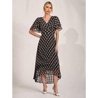 Jolie Moi Angel Sleeve Pleated Chiffon Midaxi Dress - Black