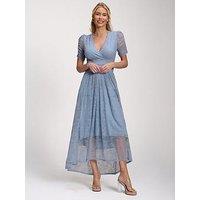 Jolie Moi Lace Ruched Sleeve Dip Hem Maxi Dress - Blue