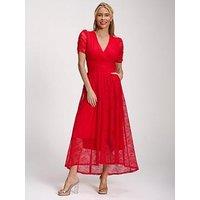 Jolie Moi Lace Ruched Sleeve Dip Hem Maxi Dress - Red