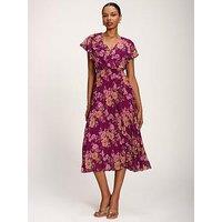 Jolie Moi Printed Ruffle Detail Pleated Chiffon Midi Dress - Pink
