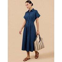 Little Mistress Blue Cotton Linen Button-Down Midi Dress
