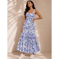 Little Mistress Blue Floral Print Cotton Gauze Smocked Maxi Dress