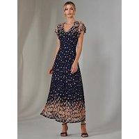 Jolie Moi Gina Mirrored Print Mesh Maxi Dress - Navy