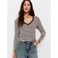 New Look Cotton Rich Striped Long Sleeve V-Neck Top - Brown