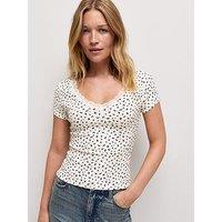 New Look Cotton Rich Ditsy Print Lace Trim V Neck T-Shirt - White