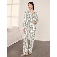 Chelsea Peers Organic Cotton Safari Stamp Print Long Pyjama Set - White