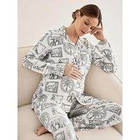 Chelsea Peers Maternity Organic Cotton Safari Stamp Print Long Pyjama Set - White