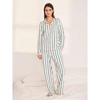 Chelsea Peers Organic Cotton Stripe Frill Long Pyjama Set - Green