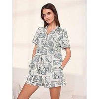 Chelsea Peers Chelsea Peers & Cotton Safari Stamp Print Short Pyjama Set - White