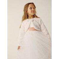 Monsoon Girls Lara Pearl Bow Faux Fur Cover-Up Cardigan - Light Cream
