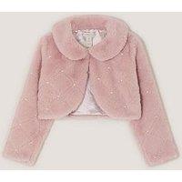 Monsoon Girls Posie Pearl Faux Fur Collared Cardigan - Pink