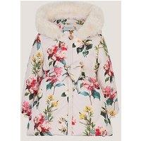 Monsoon Baby Girls Botanical Faux-Fur Hood Padded Coat - Light Cream