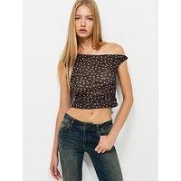 New Look Mesh Polka Dot Off The Shoulder Top - Brown