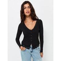New Look Cotton Rich Lace Trim V-Neck Button Front Top - Black