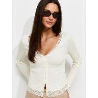 New Look Cotton Rich Lace Trim V-Neck Button Front Top - White