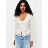 New Look Cotton Rich Floral Print Button Front Ribbed Top - Cream