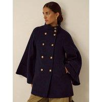 Monsoon Womens Frida Cape Double-Breasted High Neck Coat - Blue