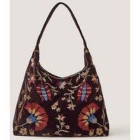 Monsoon Hatti Embroidered Velvet Slouchy Shoulder Bag - Brown
