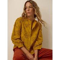Monsoon Womens Embroidered Grandad Collar 3/4 Sleeve Shirt - Brown