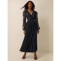 Monsoon Charlotte Floral Embroidered Mesh Midi Dress - Blue