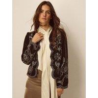 Monsoon Womens Embroidered Scalloped Velvet-Look Jacket - Brown